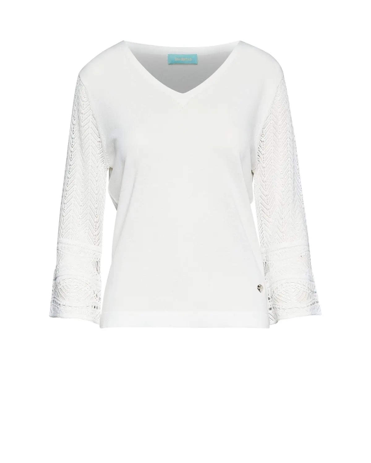 Maglia con scollo a V e trafori lungo le maniche BIANCO - Image 2