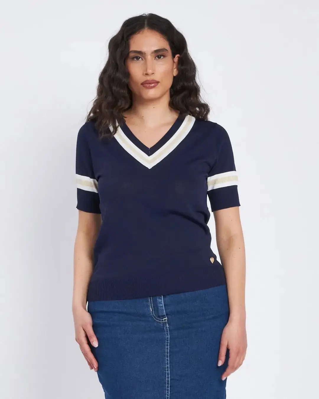 Maglia scollo a V con orli a costine bicolor BLU - Image 2