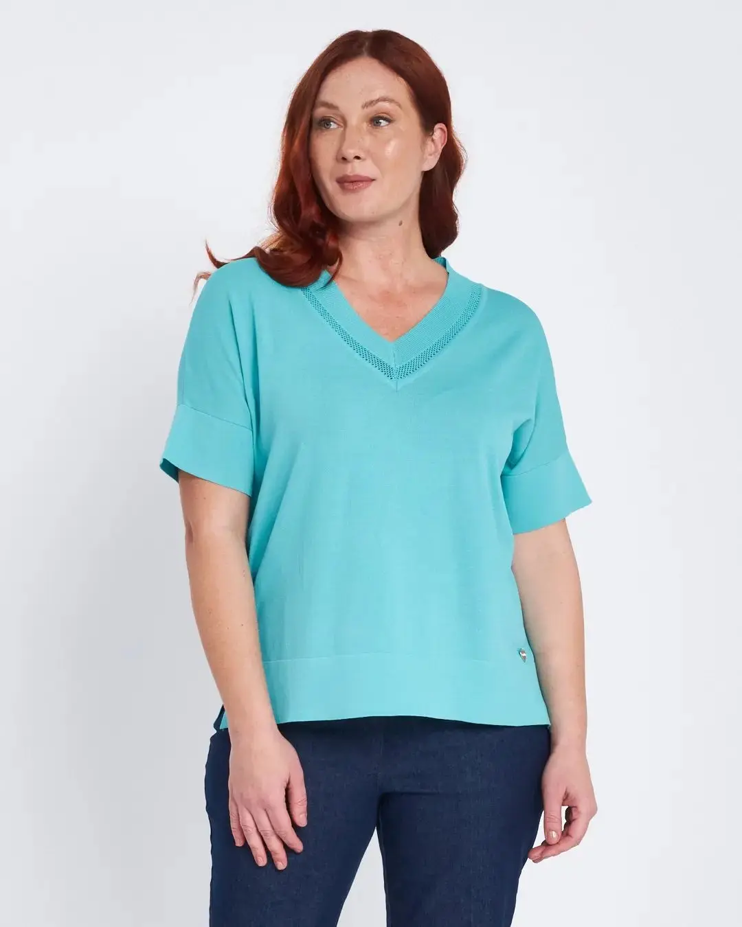 Maglia scollo a V con intarsio basket TURCHESE - Image 2