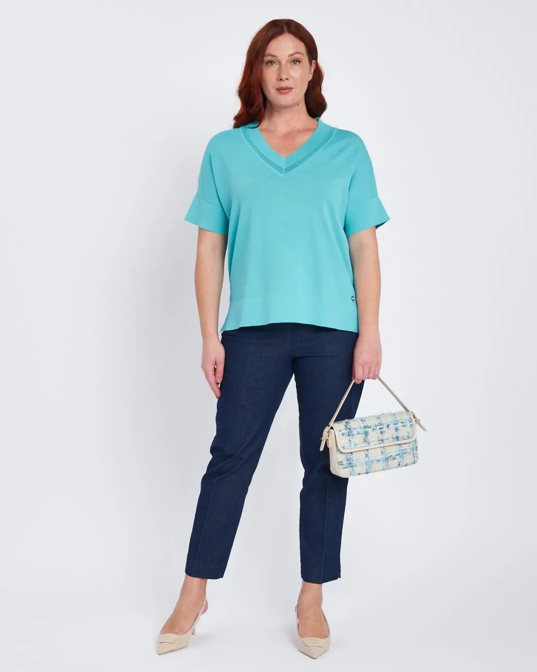 Maglia scollo a V con intarsio basket TURCHESE - Image 4