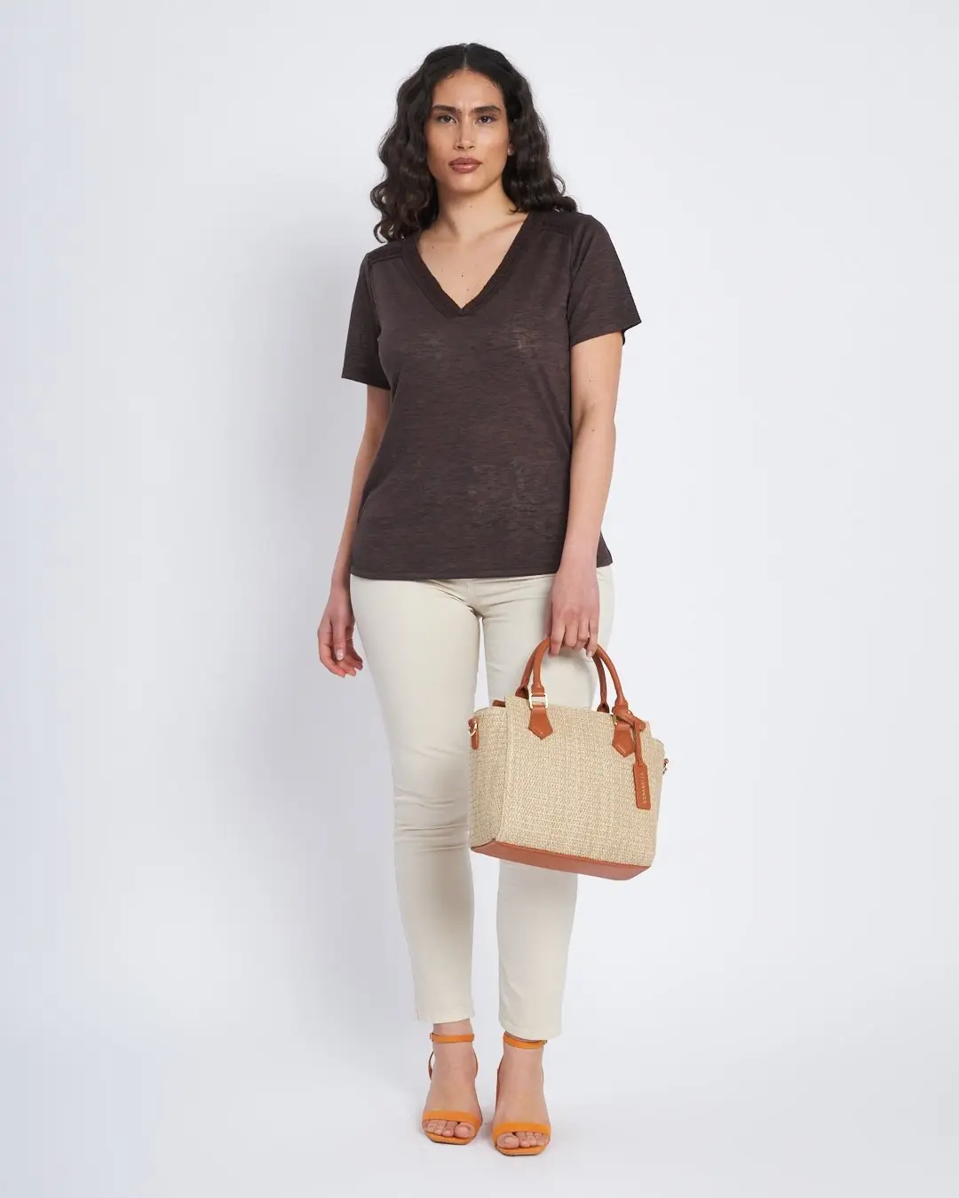 Borsa in raffia con inserti in ecopelle CUOIO - Image 5