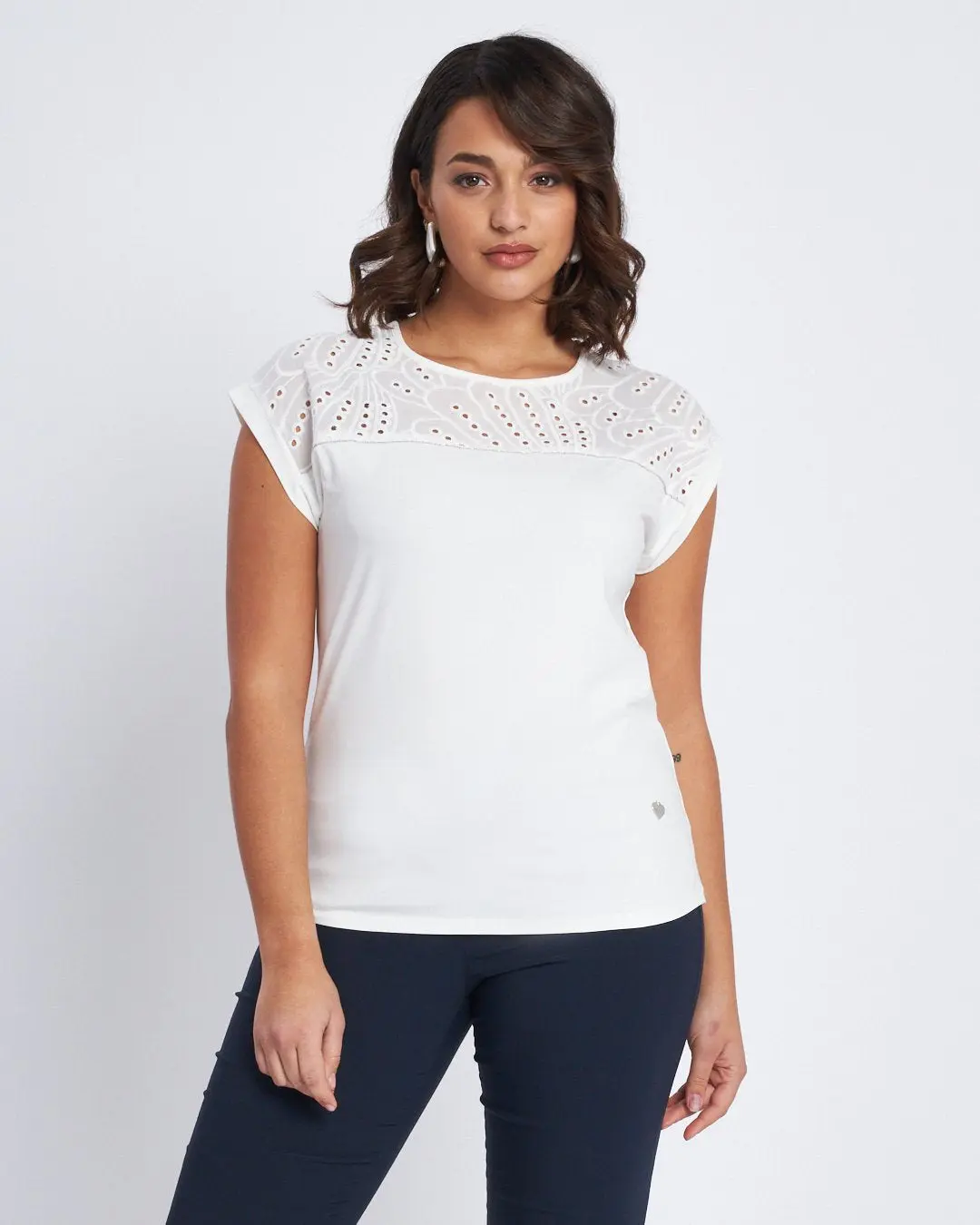 T-shirt con inserto in sangallo BIANCO - Image 5