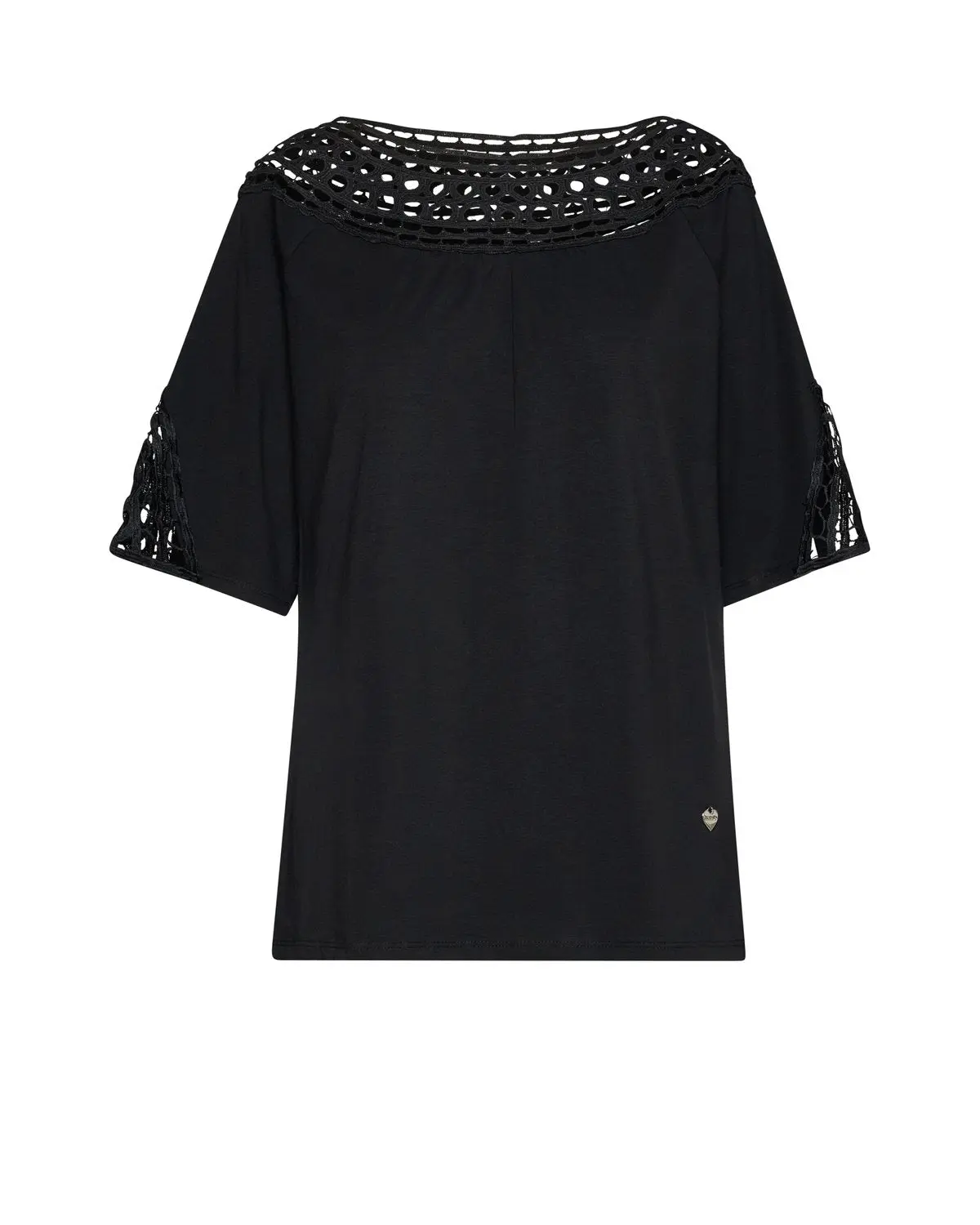 T-shirt scollo a barca con intarsio forato NERO - Image 2