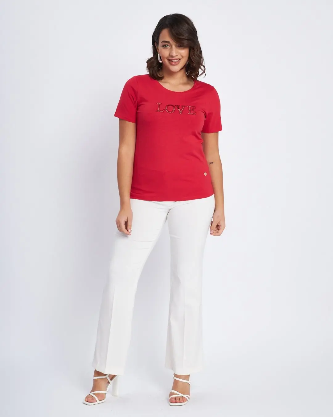 T-shirt con scritta ricamata con trafori ROSSO - Image 4