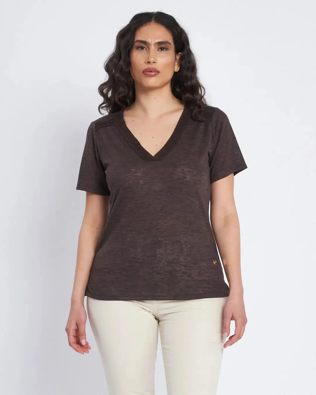 T-shirt con passamaneria sulle spalle CACAO - Image 2