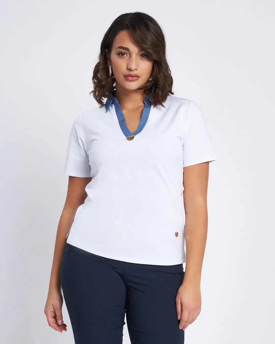 T-shirt con inserto in chambray e microchain BIANCO - Image 2