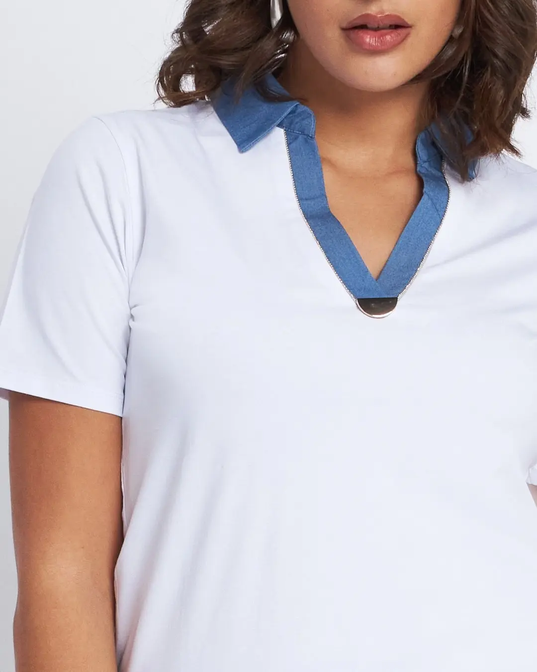 T-shirt con inserto in chambray e microchain BIANCO - Image 3
