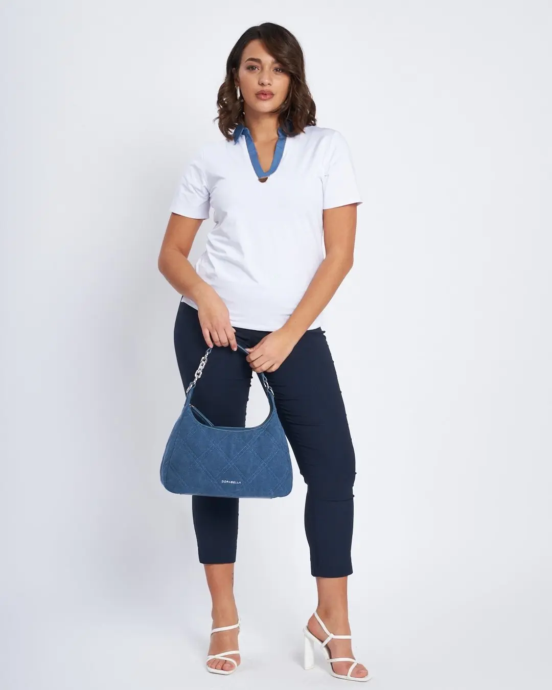T-shirt con inserto in chambray e microchain BIANCO - Image 5