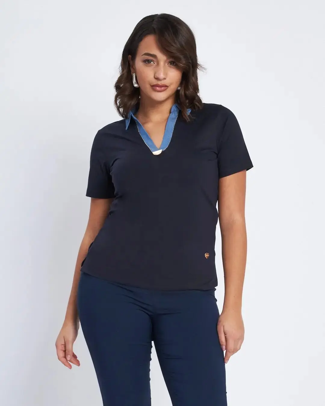 T-shirt con inserto in chambray e microchain BLU - Image 2