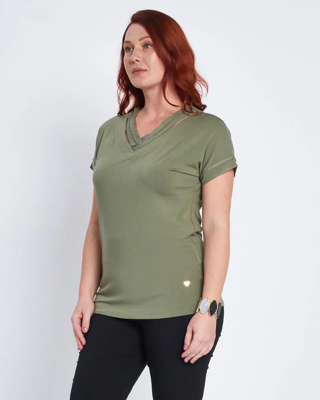 T-shirt con scollo a V e cut out MILITARE - Image 3