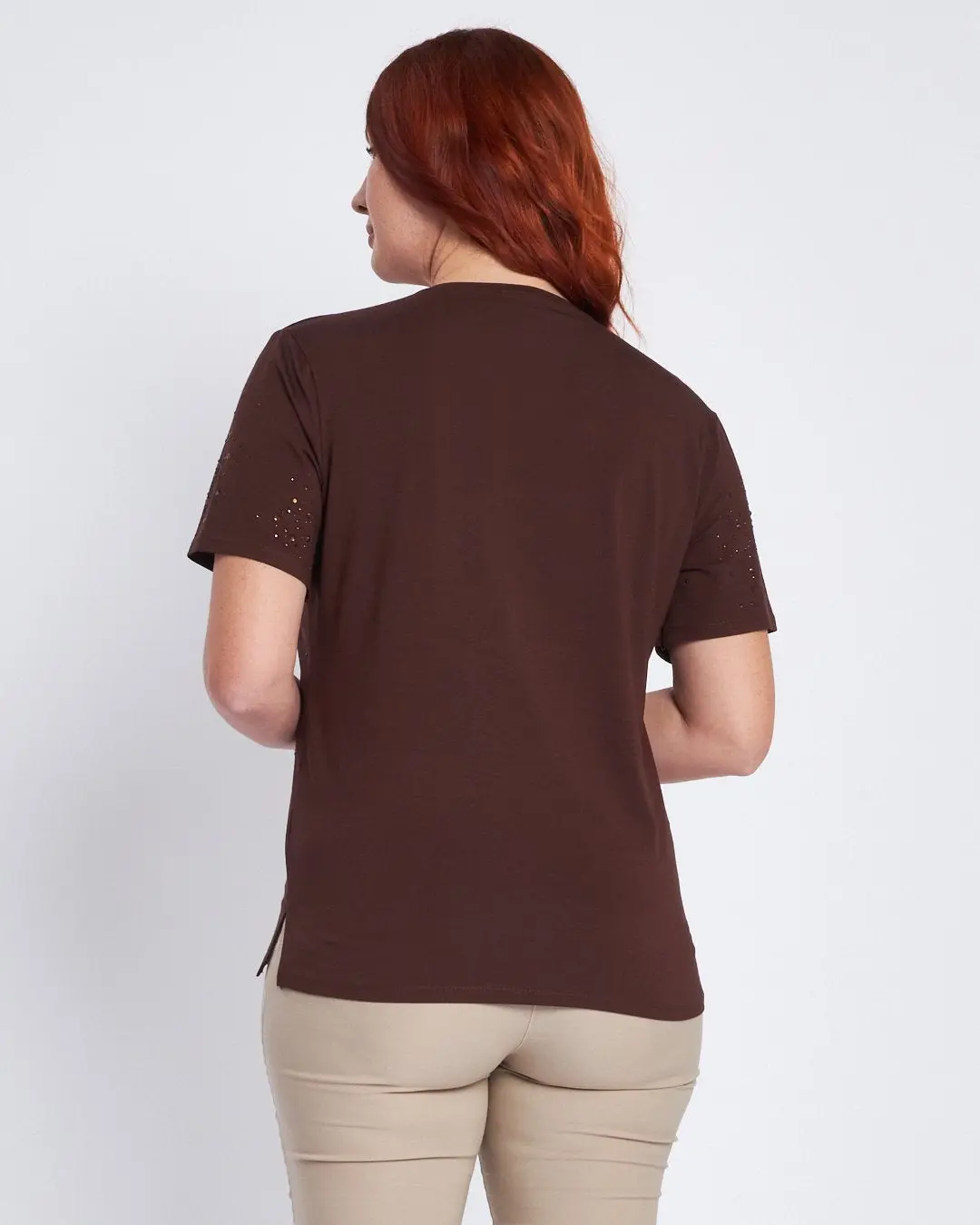 T-shirt con applicazioni strass frontali CACAO - Image 4