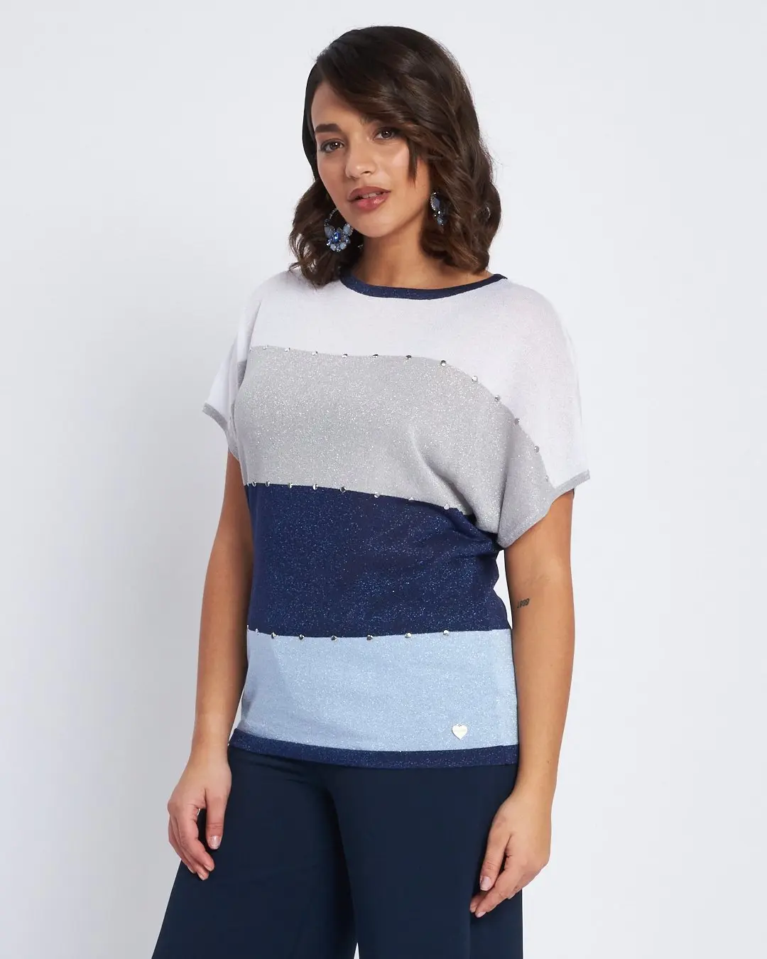 Maglia a righe con inserti lurex e borchie BLU