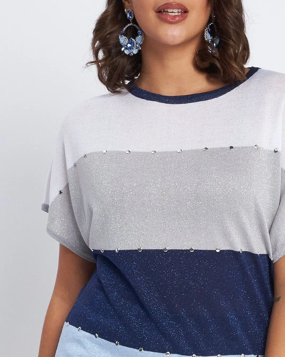 Maglia a righe con inserti lurex e borchie BLU - Image 3
