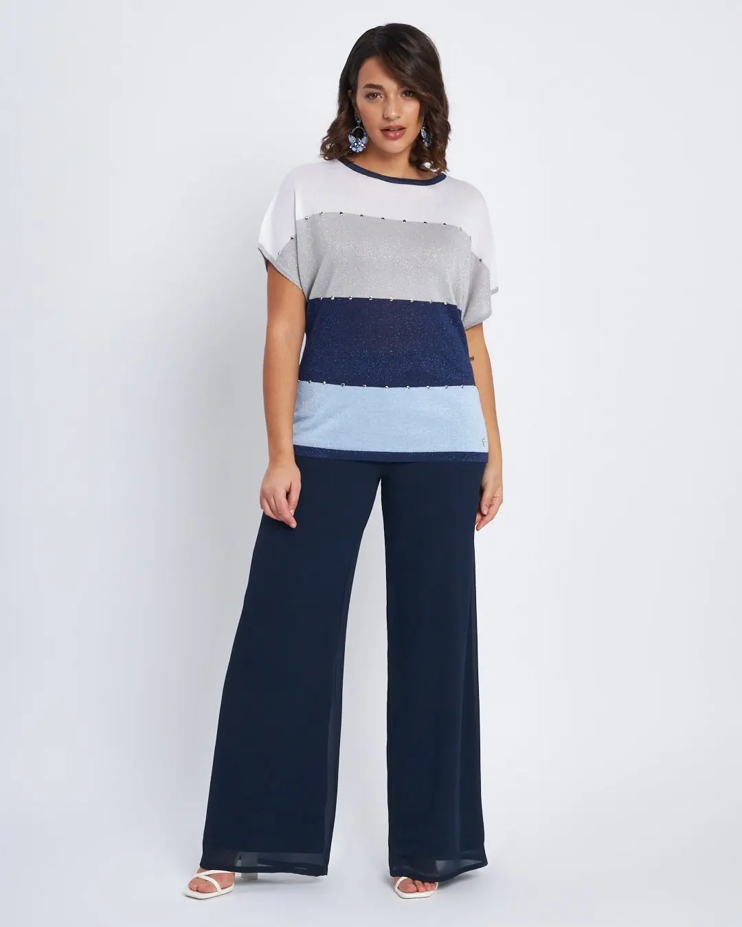 Maglia a righe con inserti lurex e borchie BLU - Image 5