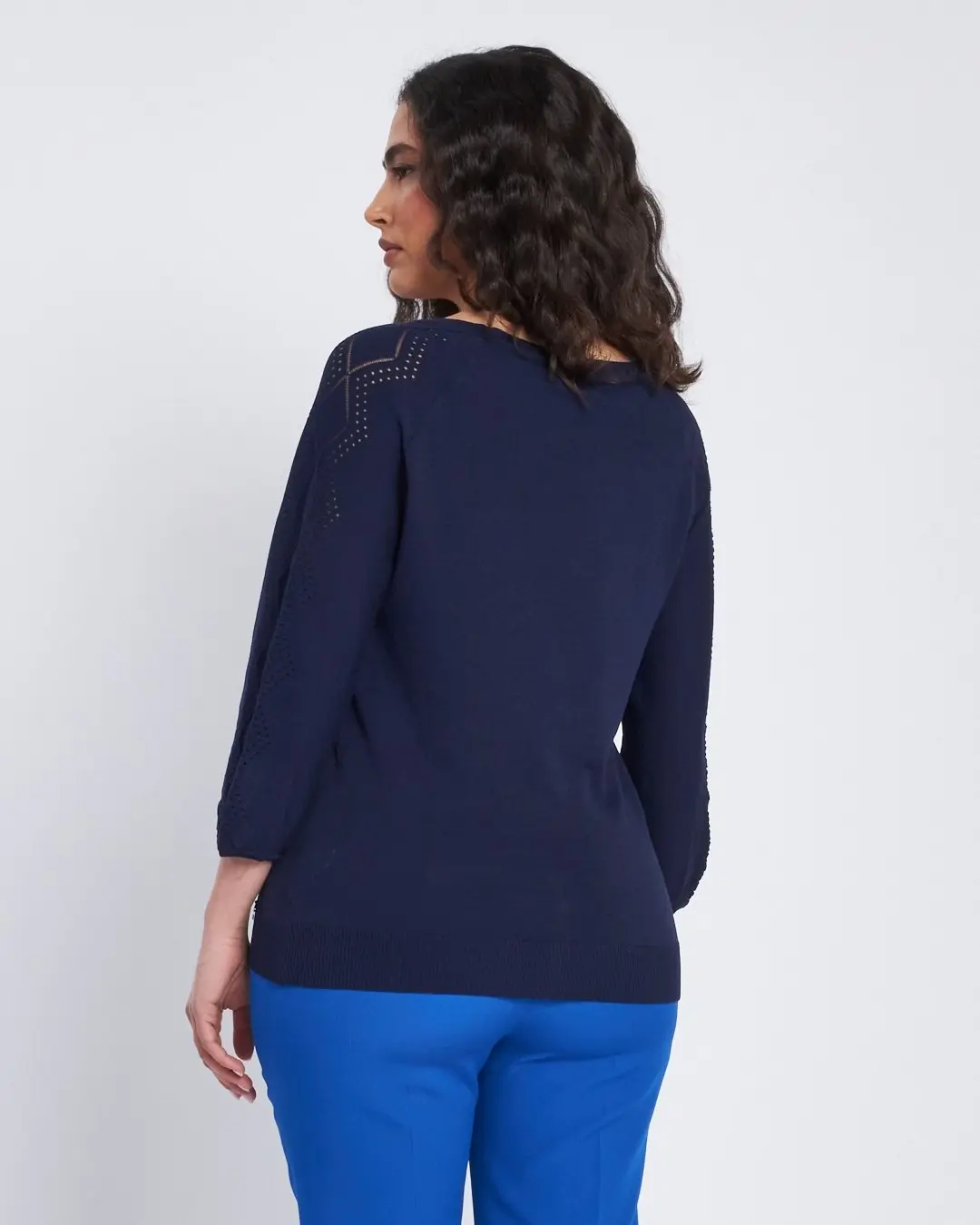 Cardigan scollo a V con bottoni e maniche a trafori BLU - Image 4