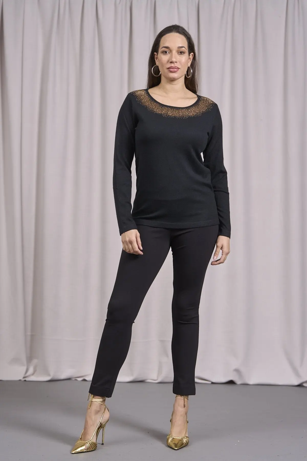 Maglia girocollo in lurex con polsi e bottoni NERO - Image 5