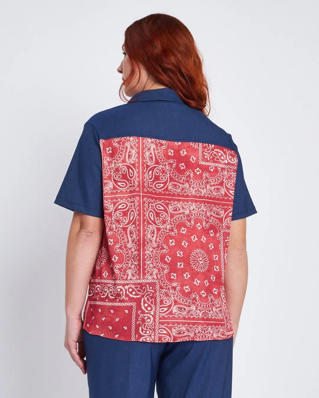 Camicia a fantasia con inserti chambray BLU - Image 4