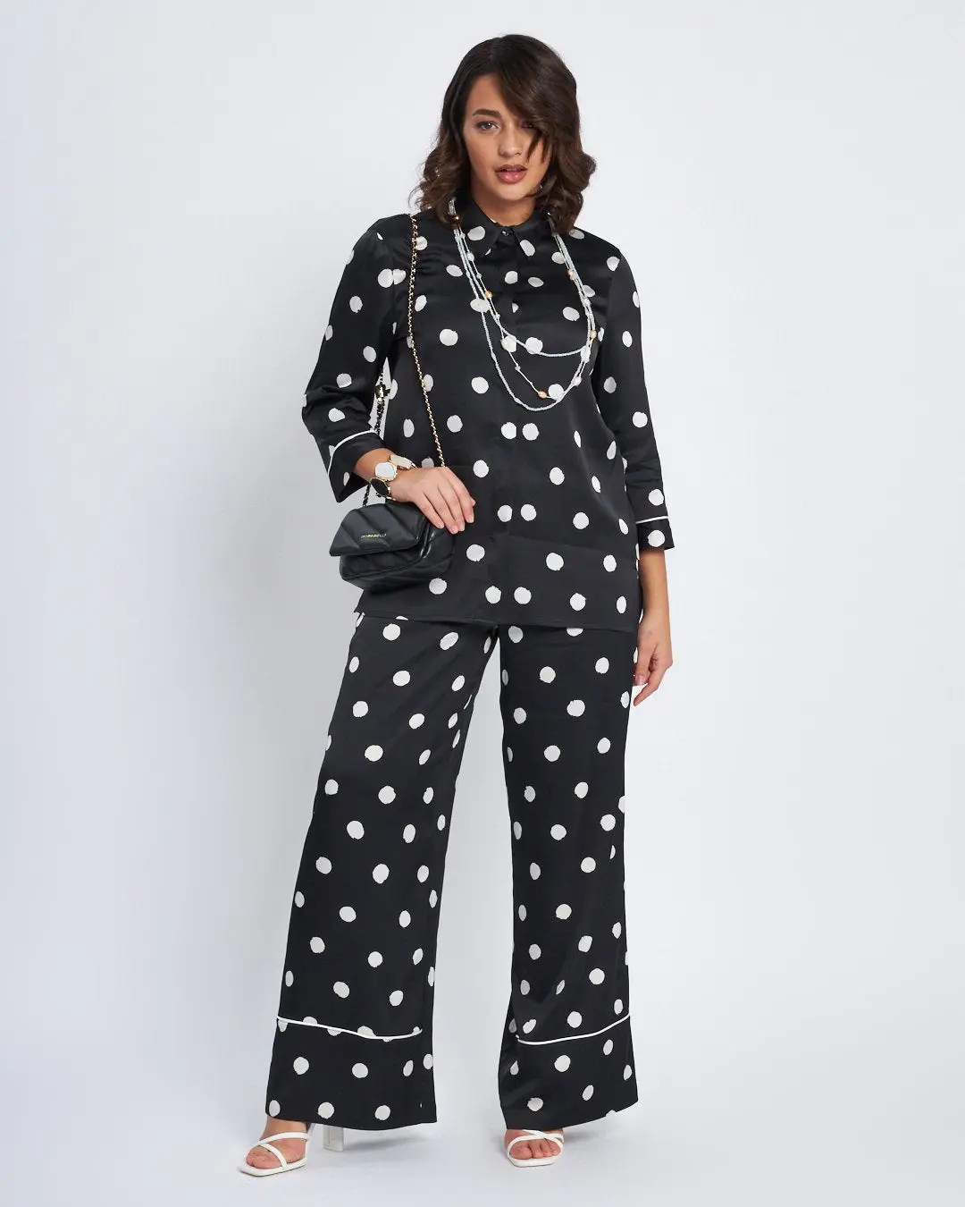 Camicia in raso di viscosa con stampa pois NERO - Image 7