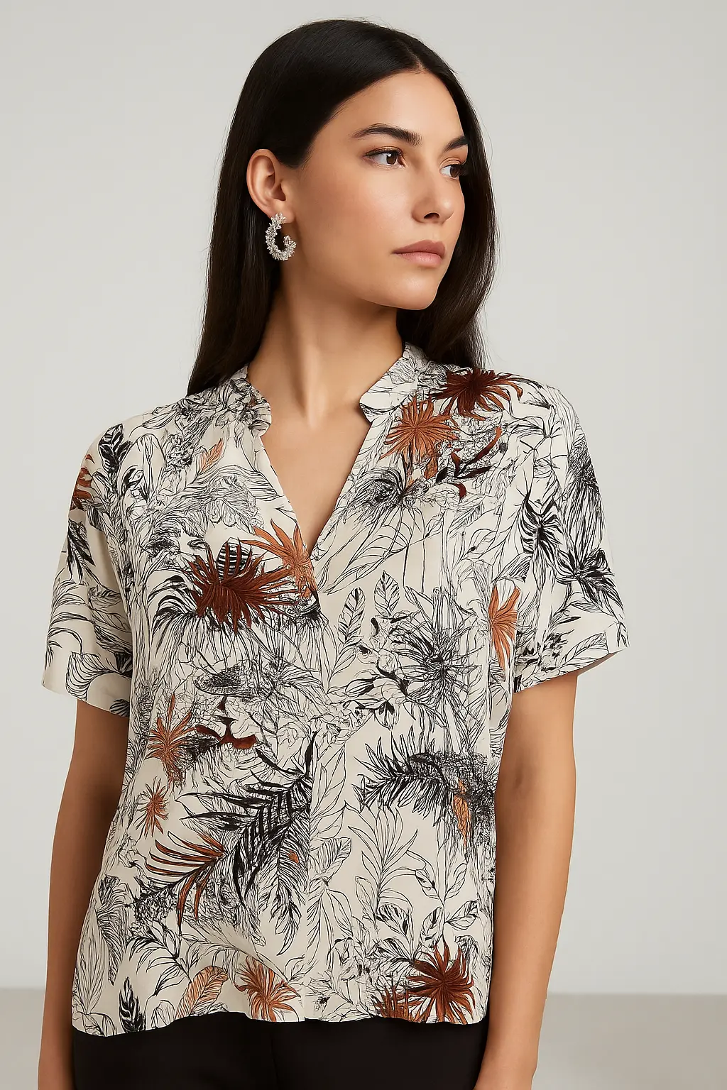 Blusa a mezza manica con colletto coreana in viscosa stampata - Image 3