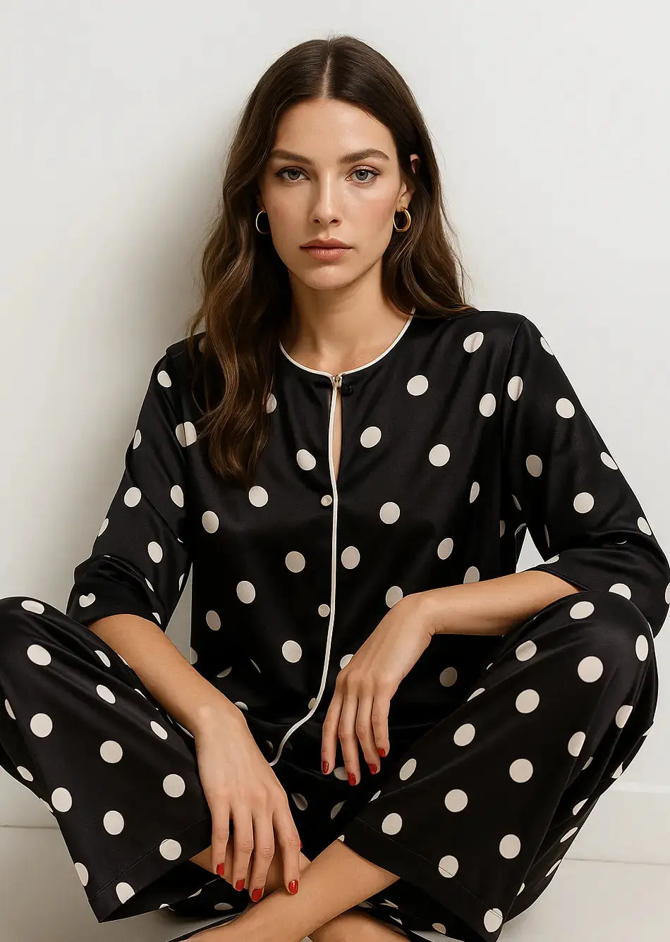 Blusa a pois a mezze maniche con piping a contrasto frontale - Image 2
