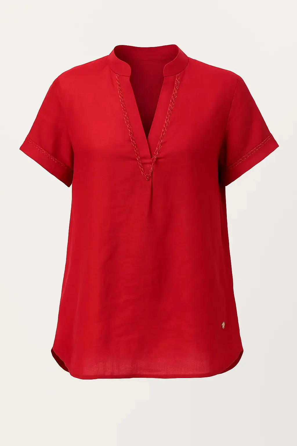 Blusa con scollo a V, passamaneria frontale e collo coreana in misto lino