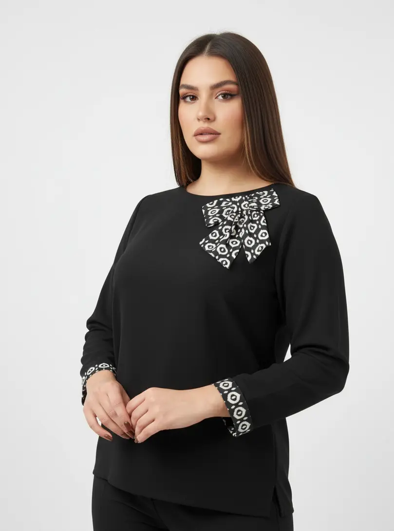 Blusa girocollo con fiocco fantasia - Image 5
