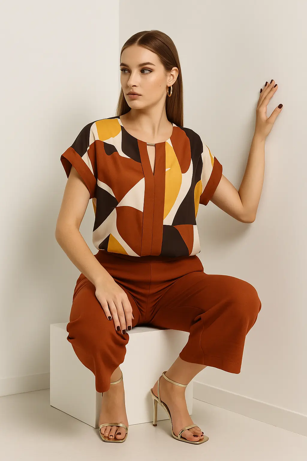 Blusa in viscosa con davanti stampato ed inserti a tinta unita - Image 3