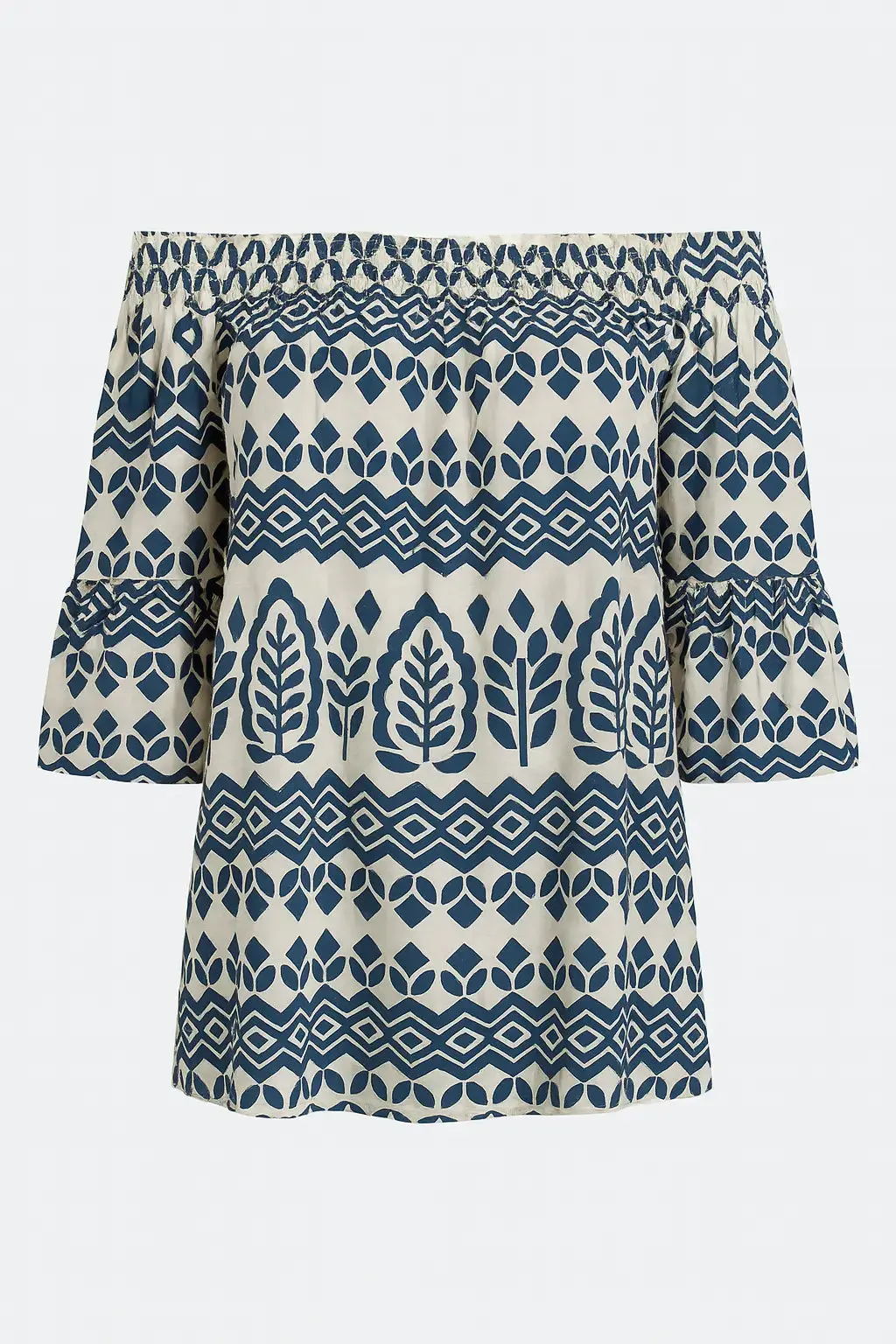 Blusa stampata con scollo omerale elasticizzato con balze