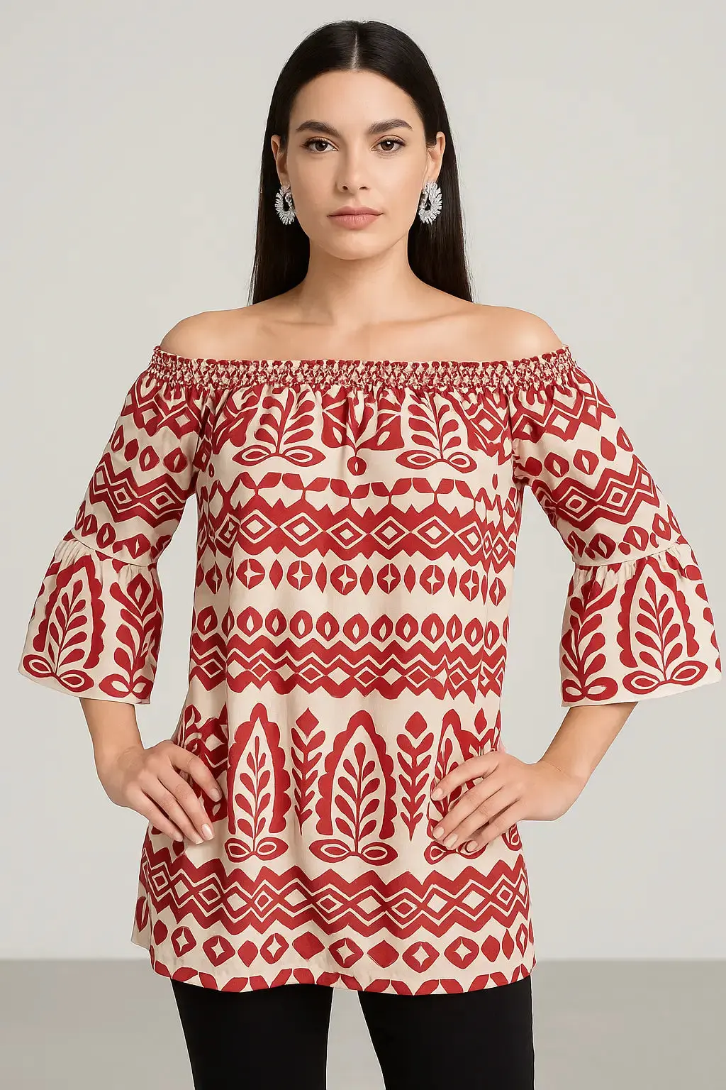 Blusa stampata con scollo omerale elasticizzato con balze - Image 14