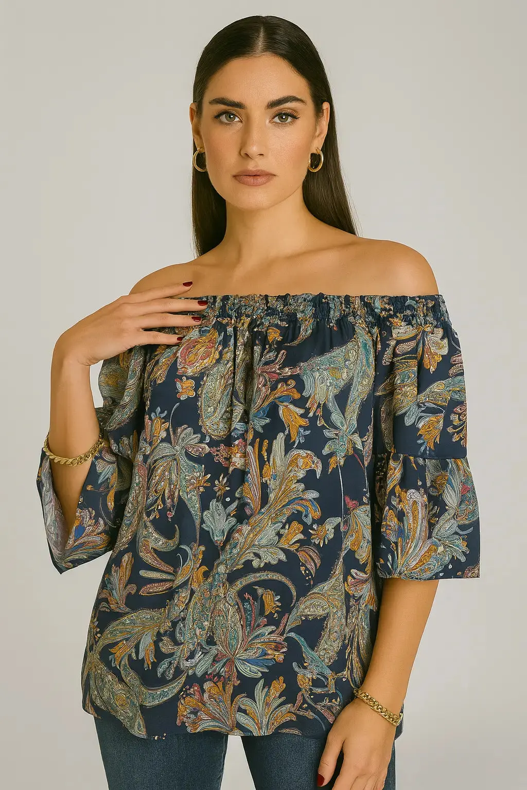Blusa stampata con scollo omerale elasticizzato con balze - Image 2