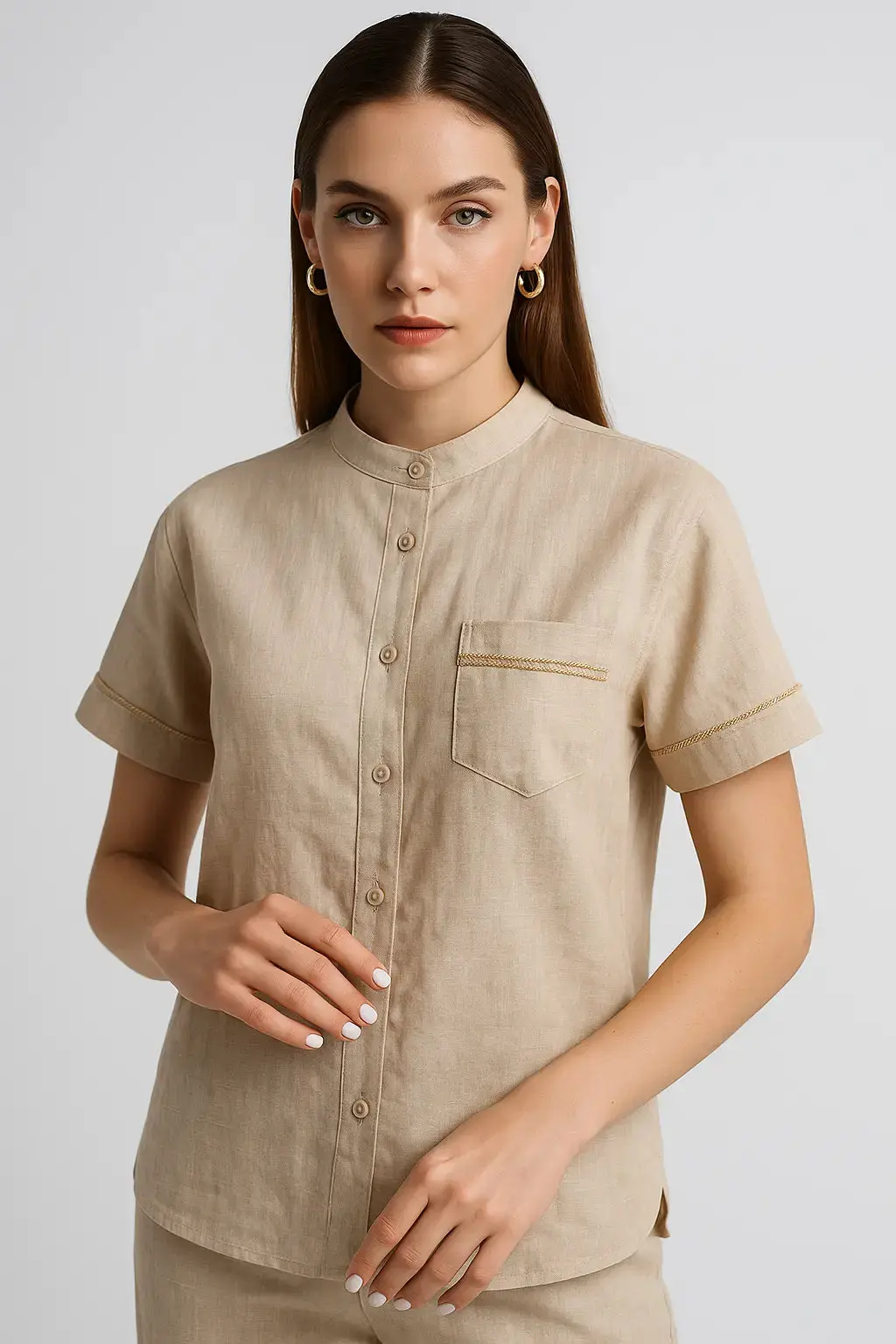 Camicia coreana con taschino  e passamaneria in 100% lino - Image 2