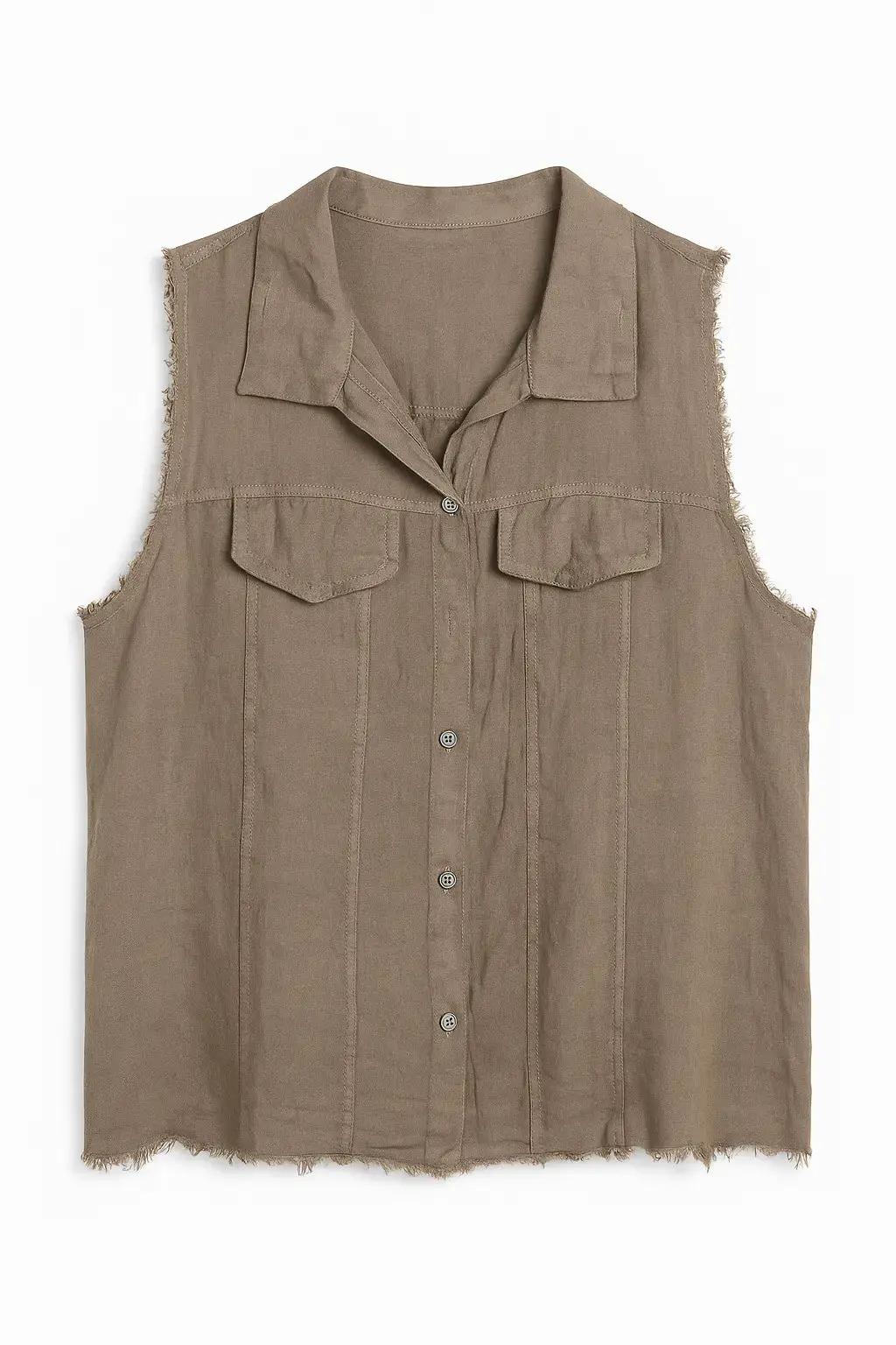 Camicia in puro lino giromanica con pattine e orlo sfrangiato - Image 3