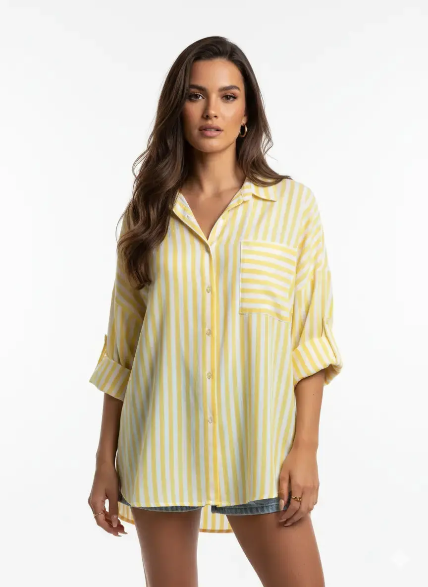 Camicia oversize con maniche lunghe risvoltate e taschino - Image 4