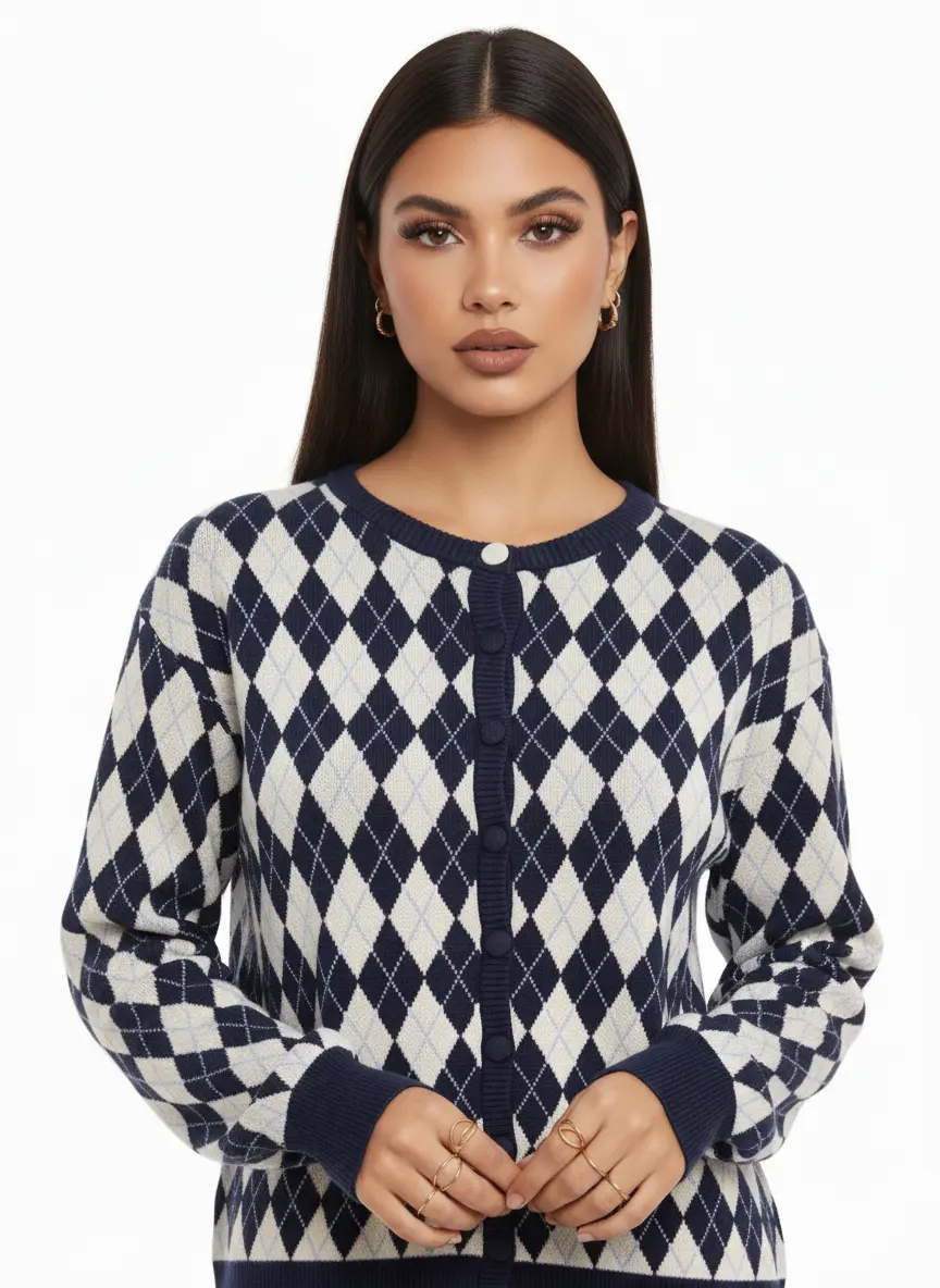 Cardigan girocollo con fantasia a rombi - Image 10