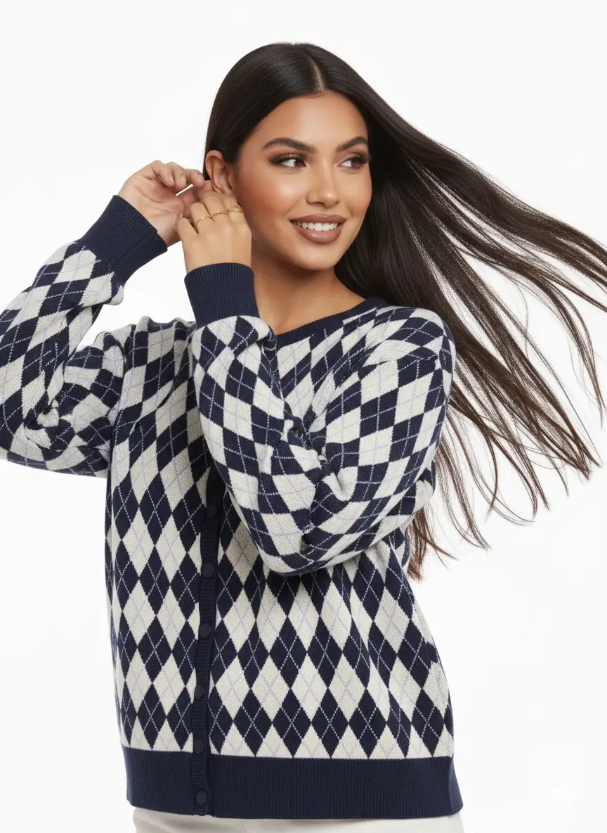 Cardigan girocollo con fantasia a rombi - Image 12