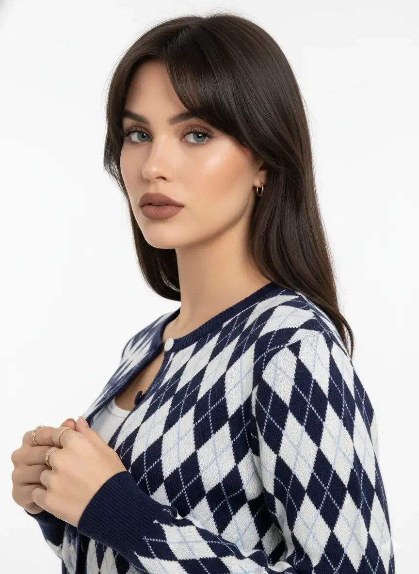 Cardigan girocollo con fantasia a rombi - Image 8