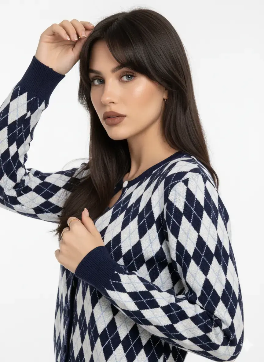 Cardigan girocollo con fantasia a rombi - Image 9