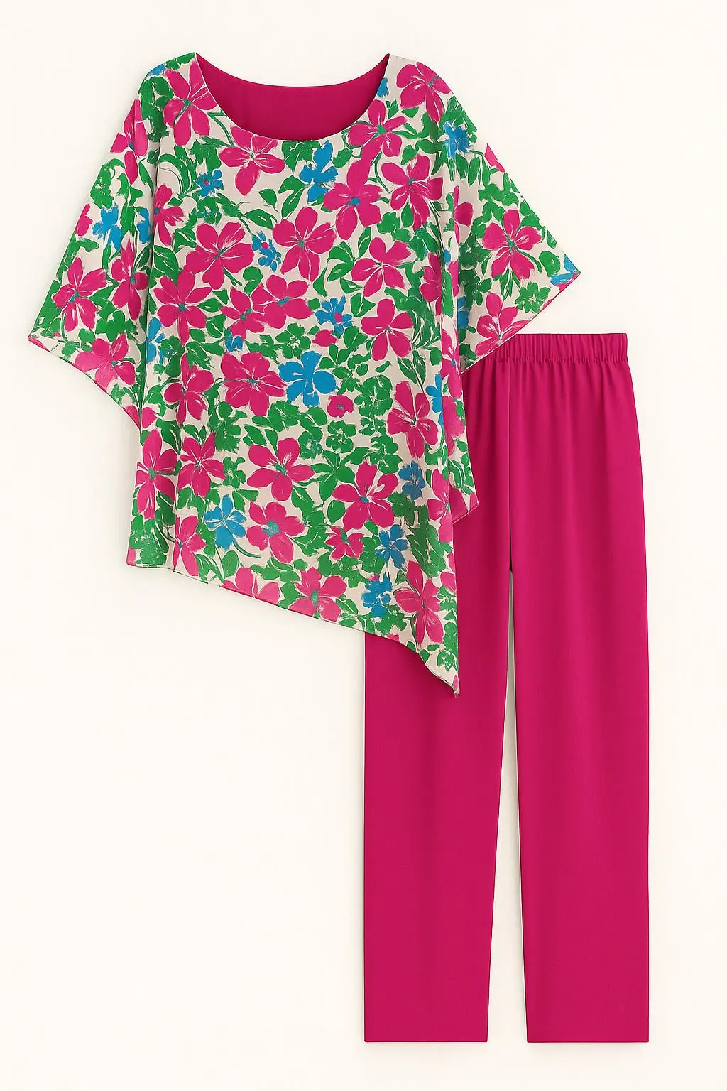 Completo con blusa asimmetrica stampata e pantaloni ampi stretch - Image 2