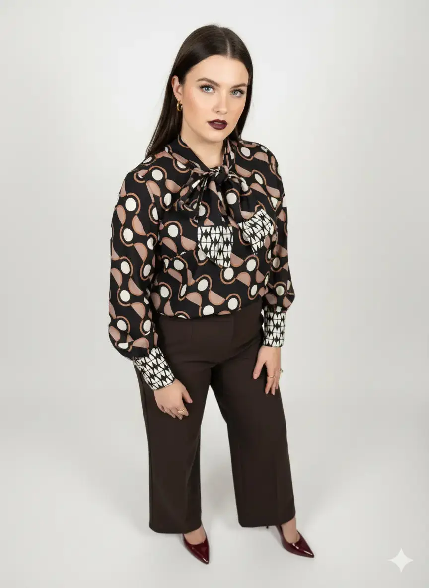 Completo con blusa fantasia e pantalone in tinta unita - Image 5