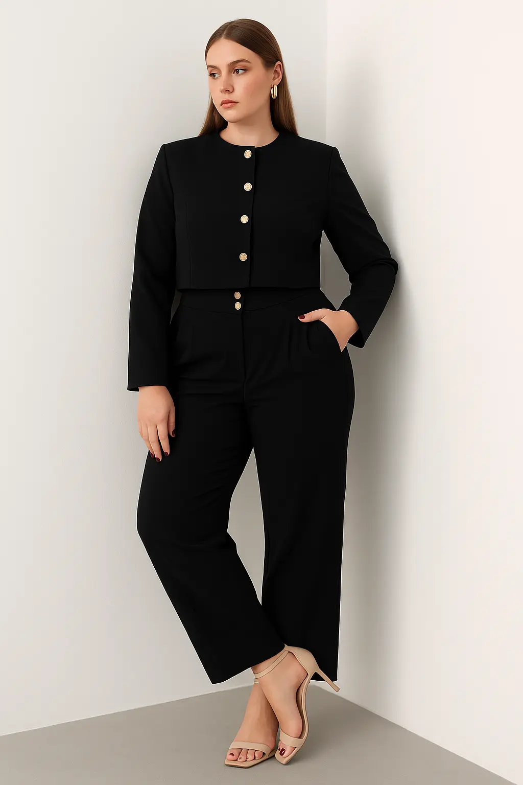 Completo giacca monopetto boxed fit e pantaloni palazzo con retro bustino elastico