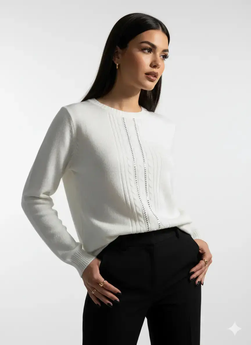 Maglia girocollo con trecce e dettagli strass - Image 5
