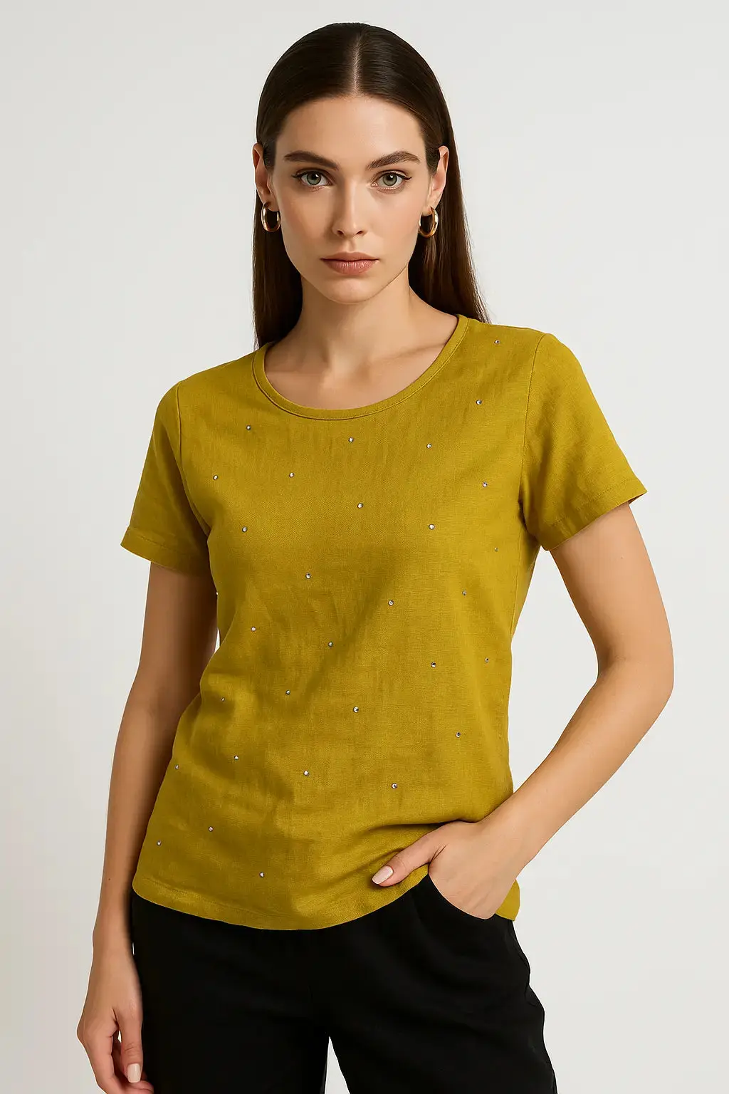 T-shirt in 100% lino con strass frontali - Image 2
